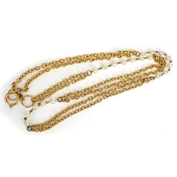 CHANEL Logo Long Chain Imitation pearl Pendant Necklace - Picture 1 of 10